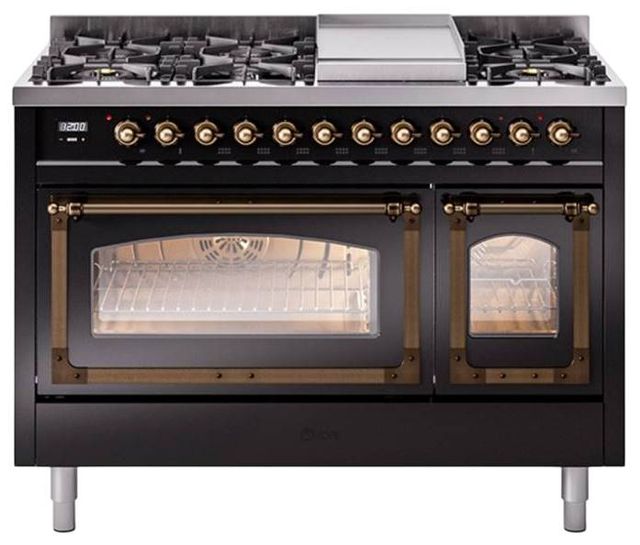 Ilve® Nostalgie II Noblesse 48'' Glossy Black Pro Style Dual Fuel Range with Burnished Trim-0