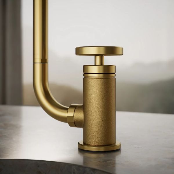 KOHLER® Billet® Vibrant Brushed Moderne Brass 16" Single Round-Handle Bar Sink Faucet with 2-Function Extended-Reach Spout and Side Sprayer-3