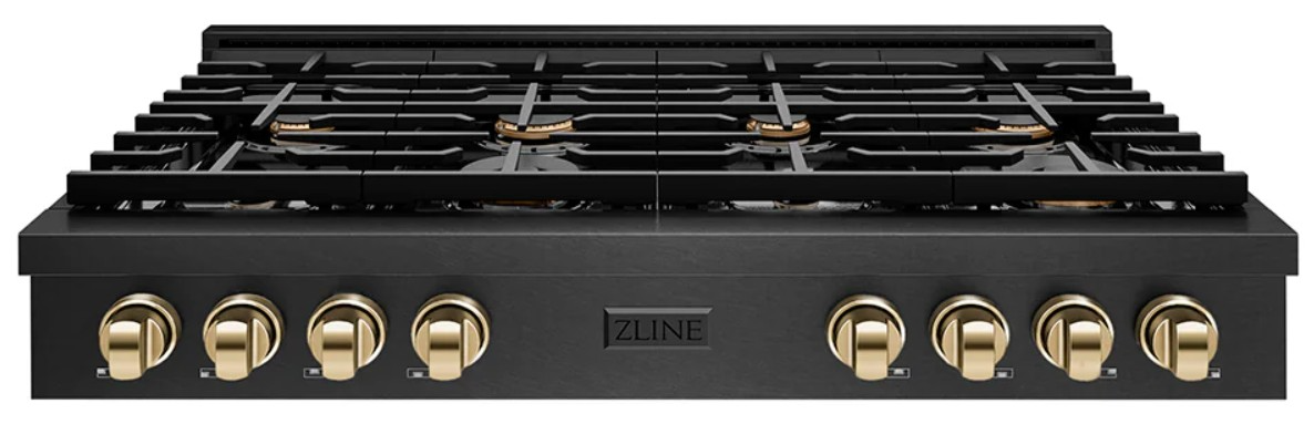 ZLINE Paramount 48" Black Satin Stainless Steel Gas Rangetop with 8 Brass Burners and Porcelain Cook