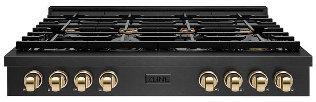 ZLINE Paramount 48" Black Satin Stainless Stecel Gas Rangetop with 8 Brass Burners and Porcelain Cooktop in Polished Gold Accents -0