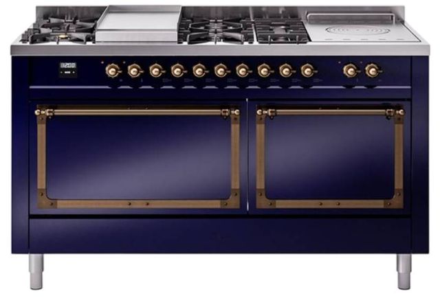 Ilve® Nostalgie II Noblesse 60'' Midnight Blue Pro Style Dual Fuel Range with Burnished Trim-0
