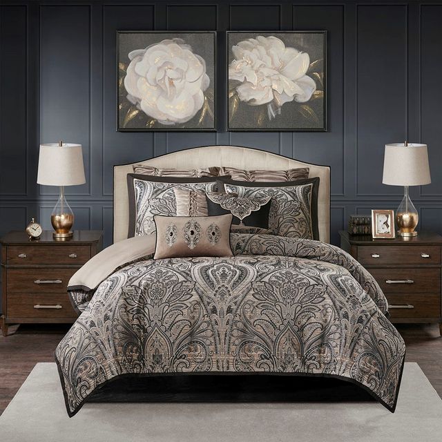 Olliix by Madison Park Signature Grandover Taupe Queen Jacquard Comforter Set-1