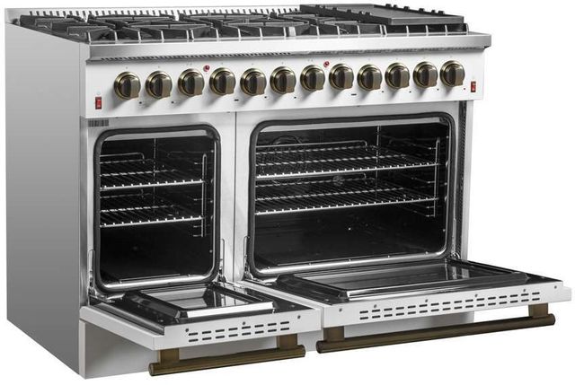 FORNO® Galiano 48" Stainless Steel Pro Style Dual Fuel Range with White Door with Antique Brass Accents-1