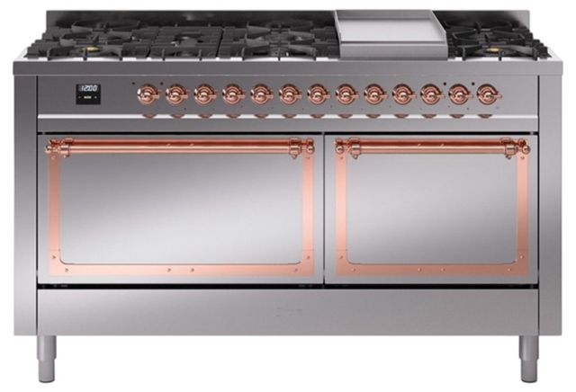 Ilve® Nostalgie II Noblesse 60'' Stainless Steel Pro Style Dual Fuel Range with Copper Trim-0