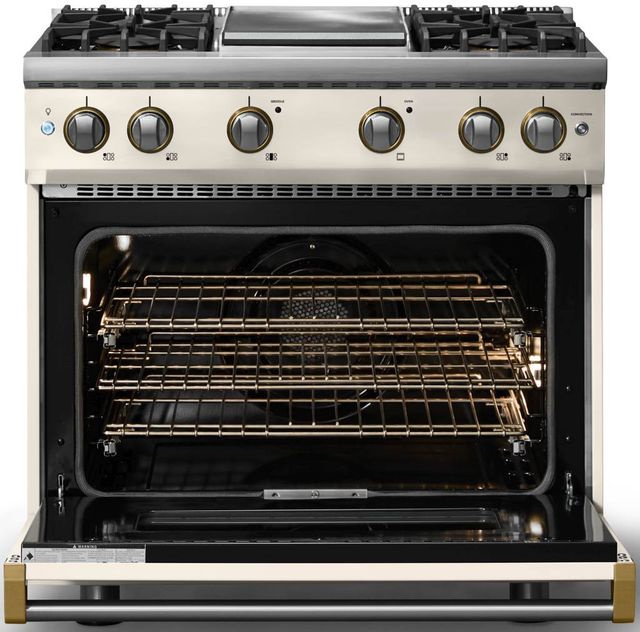 Viking® 5 Series 36" Pure White Pro Style Gas (LP) Range with Brushed Brass Trim-1