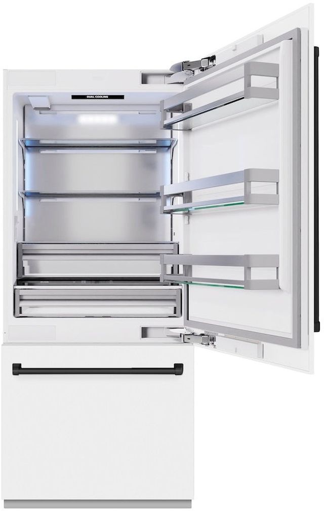 ZLINE Autograph Edition 36" 19.8 Cu. Ft. White Matte Built-In Bottom Freezer Refrigerator with Water Dispenser, Ice Maker, and Matte Black Accents-1