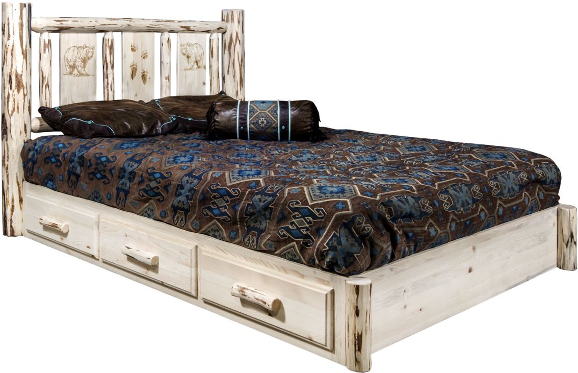 Montana Woodworks® Montana Collection Clear Lacquer King Platform Storage Bed with Laser Engraved Bear Design