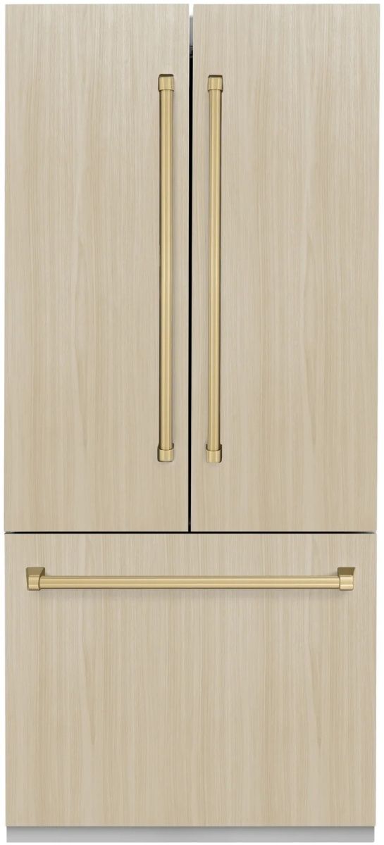 ZLINE Autograph Edition 36" 19.6 Cu. Ft. Panel Ready Built-In French Door Refrigerator with Water Dispenser, Ice Maker, Graphite Gray Interior and Champagne Bronze Handles-0