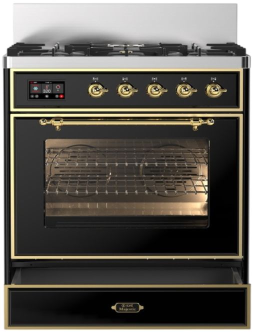 Ilve® Majestic III 30" Glossy Black Pro Style Dual Fuel Natural Gas Range with Triple Glass Door and Brass Trim-1