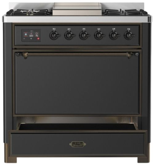 Ilve® Majestic III 36" Graphite Matte Pro Style Dual Fuel Liquid Propane Range with Solid Door and Burnished Trim-2