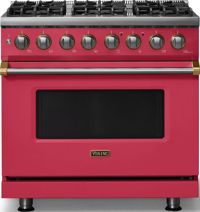 Viking® 5 Series 36" Valentine Pro Style Dual Fuel (NG) Range with Brushed Brass Trim-0