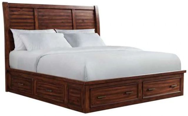 Elements International Sullivan Rich Cherry Upholstered King Panel Storage Bed-0