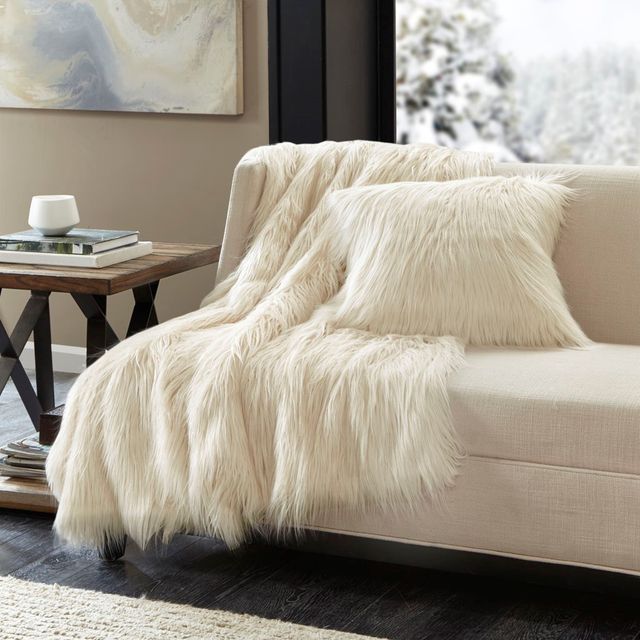 Olliix by Madison Park Edina 1 Ivory Faux Fur Throw-1