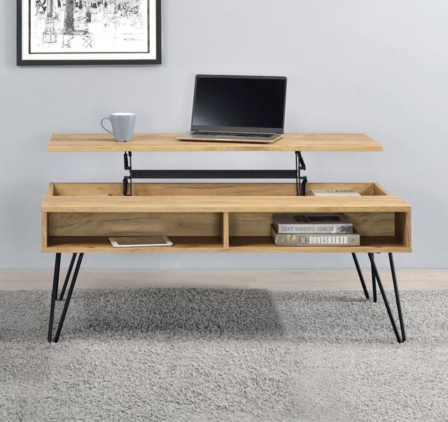 Coaster® Fanning Golden Oak Lift Top Coffee Table with Black Hairpin Leg-1