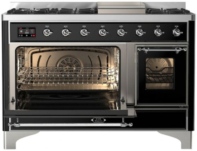 Ilve® Majestic III 48" Glossy Black Pro Style Dual Fuel Liquid Propane Range with Triple Glass Door and Chrome Trim-2