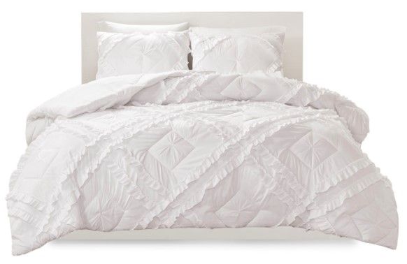 Olliix by Intelligent Design Kacie White Twin/Twin XL Solid Coverlet with Tufted Diamond Ruffles Set-0