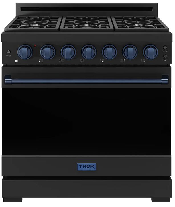 Thor Kitchen Gordon Ramsay Collection 36" Black Pro Style Liquid Propane Range with Precision Knob Control and Blue Trim-0