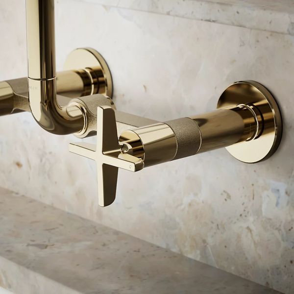 KOHLER® Billet® Vibrant French Gold 12" 2-Hole Wall-Mount Bridge Kitchen Sink Faucet with Cross Handles-3