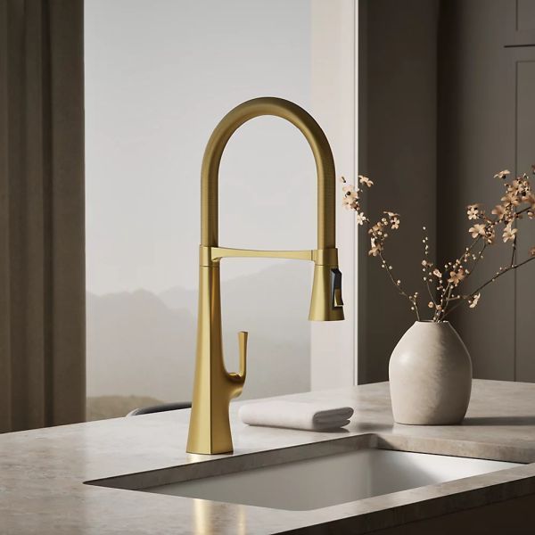 KOHLER® Graze® Vibrant Brushed Moderne Brass Semi-Professional Kitchen Sink Faucet with 3-Function Sprayhead-1