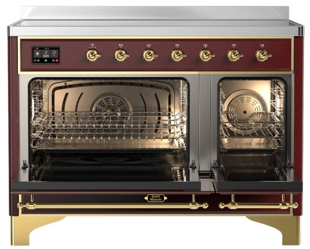 Ilve® Majestic III 48" Burgundy Pro Style Induction Range with Solid Door and Brass Trim-1