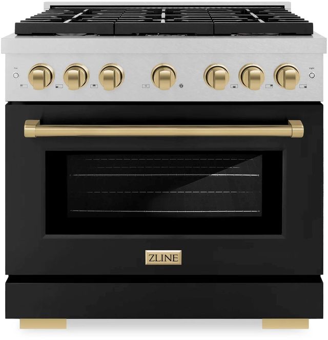 ZLINE Autograph Edition Paramount 36" Satin Stainless Steel Pro Style Dual Fuel Range with Black Matte Door and Champagne Bronze Accents-0