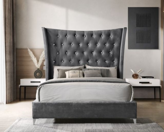 Milton Greens Stars Dark Gray Eastern King Wing Back Tufted Headboard Platform Bed-1