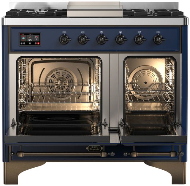 Ilve® Majestic III 40" Midnight Blue Pro Style Dual Fuel Natural Gas Range with Solid Door and Burnished Trim-1