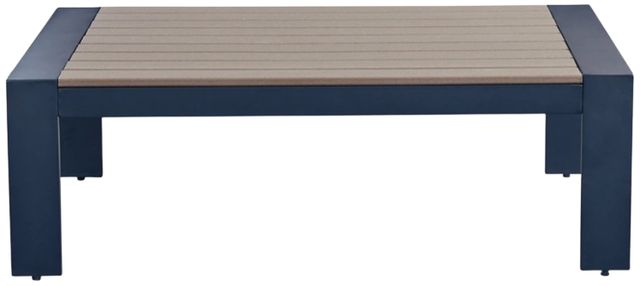 Signature Design by Ashley® East Beach Driftwood Aluminum/Wooden Outdoor Cocktail Table with Navy Blue Base-2