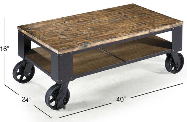 Magnussen Home® Pinebrook Distressed Natural Pine Starter Cocktail Table with Black Metal Casters-1