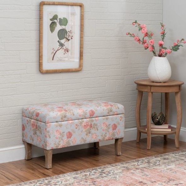 Linon Stephanie Aqua Floral/Rustic Gray Storage Bench-1