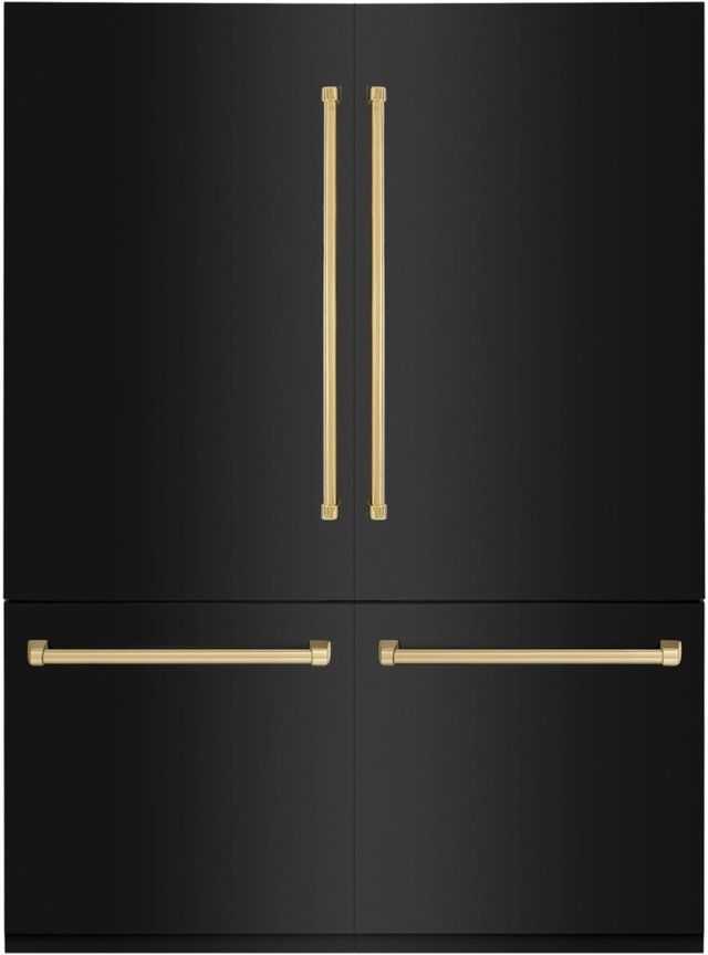ZLINE Autograph Edition 60" 32.2 Cu. Ft. Black Stainless Steel Built-In French Door Refrigerator with Polished Gold Accent and Bright White Interior-0