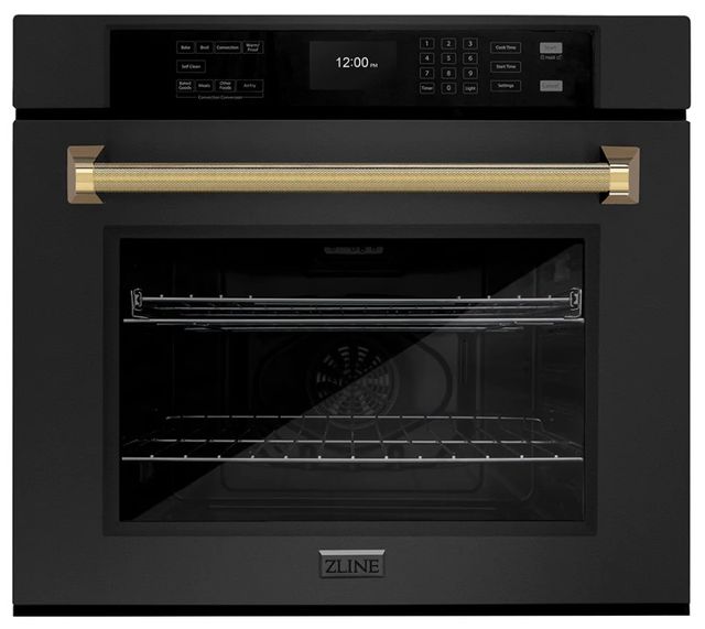 ZLINE Autograph Edition Professional 30" Black Stainless Steel True Convection Single Wall Oven with Air Fry and Self Clean with Polished Gold Helix Handle -0