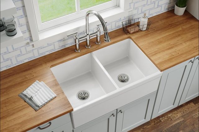 Elkay Fireclay White 33" x 19-15/16" x 9" Equal Double Bowl Farmhouse Sink-3