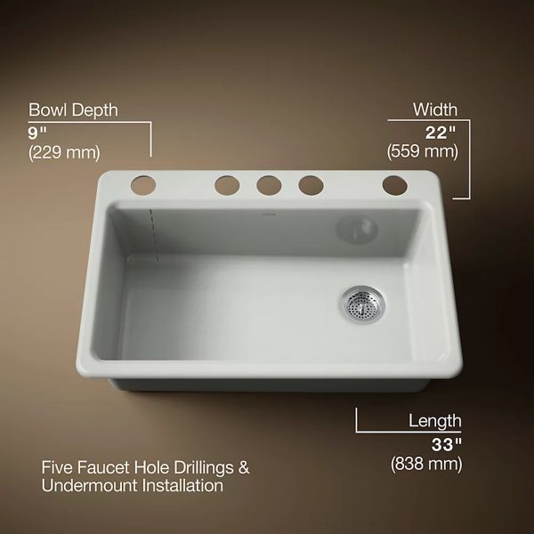 KOHLER® Riverby® Sea Salt 33" Undermount Single-Bowl Kitchen Sink-3