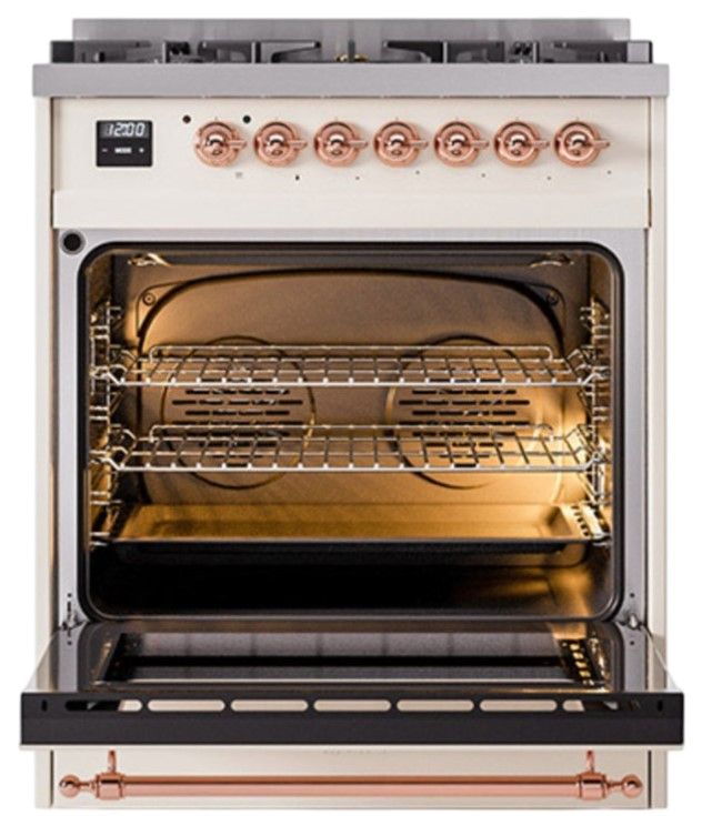 Ilve® Nostalgie II Noblesse 30'' Antique White Pro Style Dual Fuel Range with Copper Trim-1