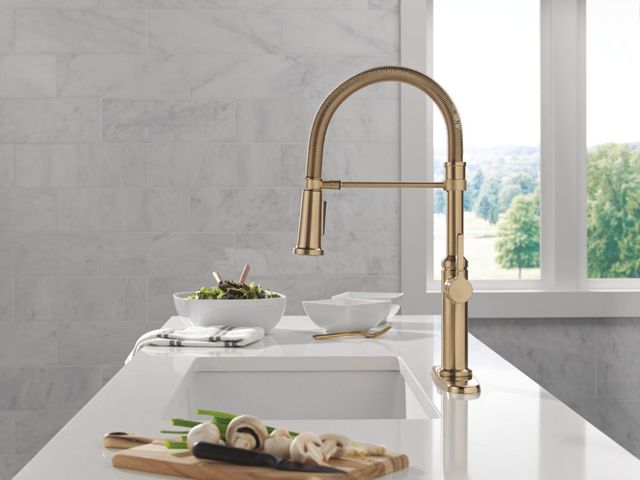 Delta Rhett® Champagne Bronze Single Handle Kitchen Faucet with Spring Spout-1