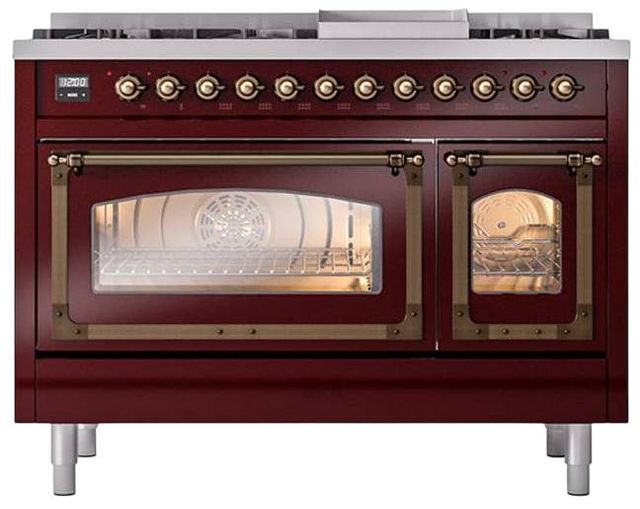 Ilve® Nostalgie II Noblesse 48'' Burgundy Pro Style Dual Fuel Range with Burnished Trim-1