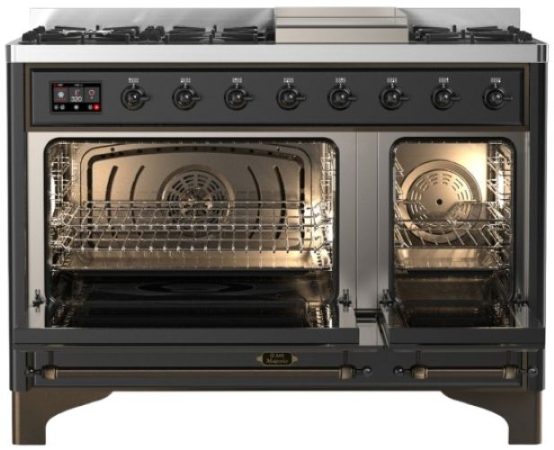 Ilve® Majestic III 48" Graphite Matte Pro Style Dual Fuel Natural Gas Range with Solid Door and Burnished Trim-1