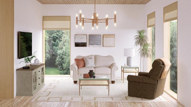 Front view of a modern sunroom with a Flexsteel recliner and loveseat