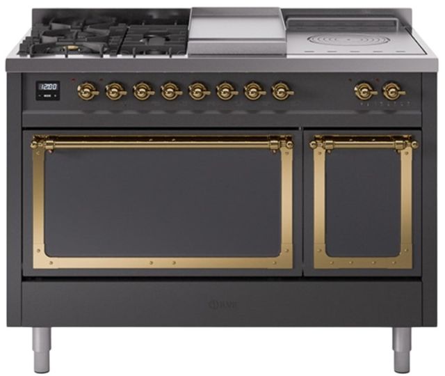 Ilve® Nostalgie II Noblesse 48'' Graphite Matte Pro Style Dual Fuel Range with Brass Trim-0