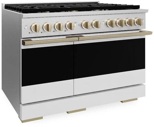 ZLINE Marino 48" Satin Stainless Steel Pro Style Dual Fuel Range with White Matte Door and Champagne Bronze Accents-2