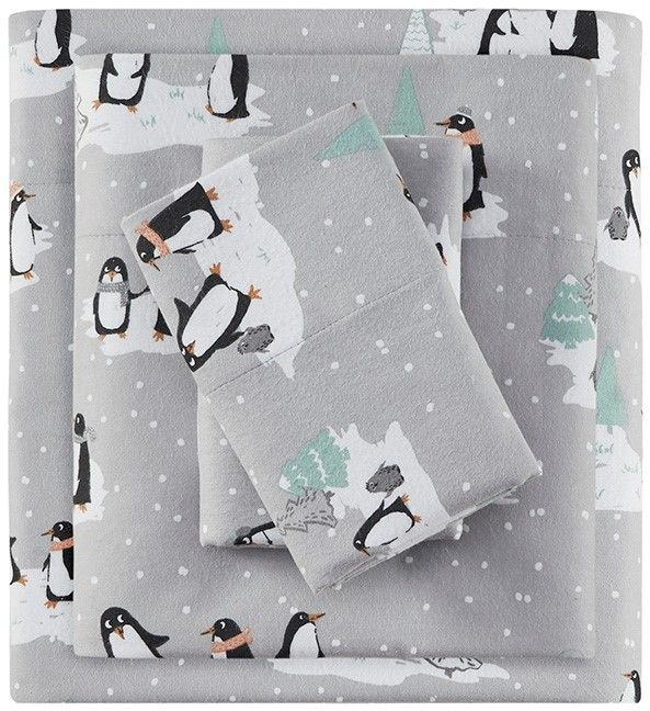 Olliix by True North by Sleep Philosophy Grey Penguins Queen Cozy 100% Cotton Flannel Printed Sheet Set-0