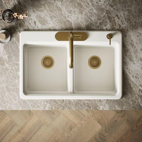 KOHLER® Riverby® Biscuit 33" 4-Faucet Hole Top-Mount Double-Equal Bowl Kitchen Sink-2