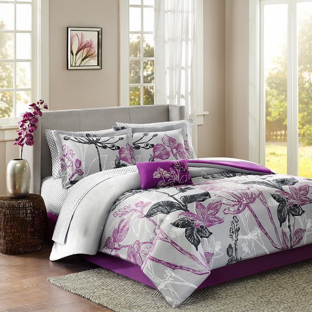 Olliix by Madison Park Essentials Purple Queen Claremont Complete Comforter and Cotton Sheet Set-0