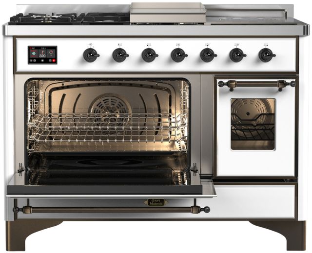 Ilve® Majestic III 48" White Pro Style Dual Fuel Liquid Propane Range with 5 Black Brass Burners and Burnished Trim-2