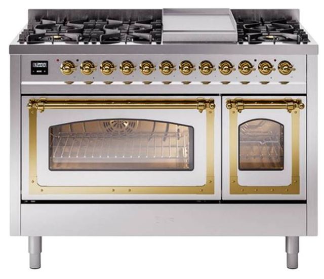 Ilve® Nostalgie II Noblesse 48'' Stainless Steel Pro Style Dual Fuel Range with Brass Trim-0