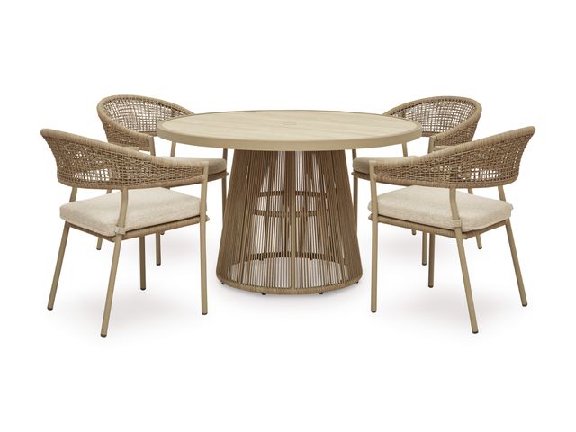 Clearance Signature Design by Ashley® Orchard Beach 5-Piece Beige Wicker/Wooden Outdoor Dining Set-0
