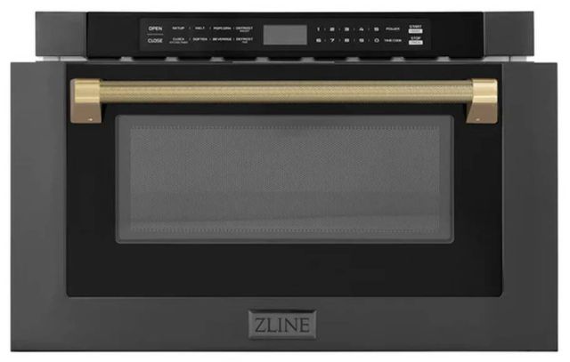 ZLINE Autograph Edition 24" 1.2 Cu. Ft. Black Stainless Steel Built-in Microwave Drawer with Champagne Bronze Helix Handle-3