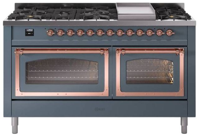 Ilve® Nostalgie II Noblesse 60'' Blue Gray Pro Style Dual Fuel Range with Copper Trim-0