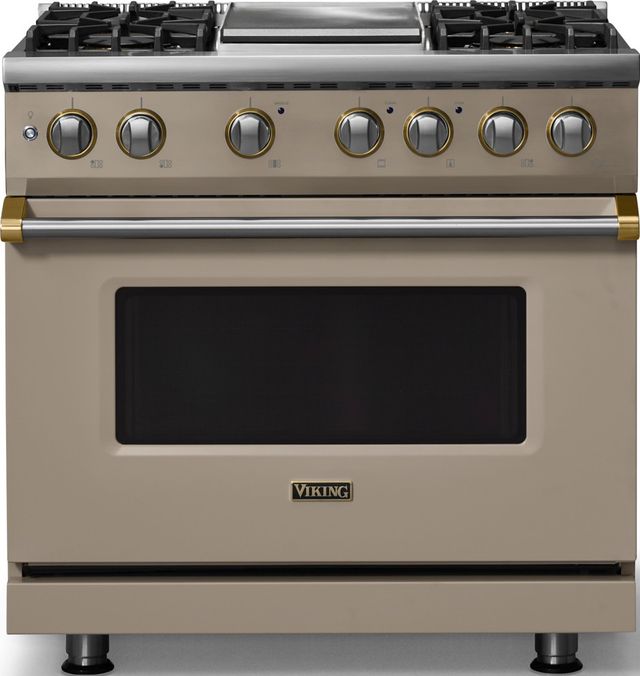 Viking® 5 Series 36" Nantucket Pro Style Dual Fuel (NG) Range with Brushed Brass Trim-0